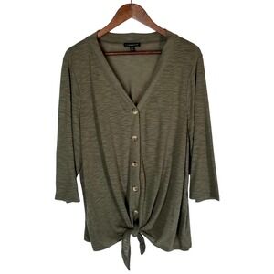 Lane Bryant Women's Button Front Tie Bottom Olive Green 3/4 Sleeve‎ Top